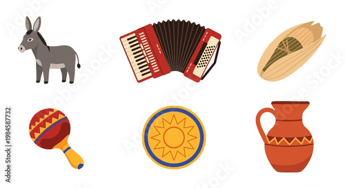 Traditional African Music Instruments Collection with Donkey, Accordion, Drum, and Clay Pot