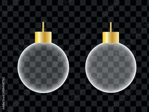 Two liquid glass effect and transparent christmas ornaments with gold caps on a black and gray checkered background vector illustration.