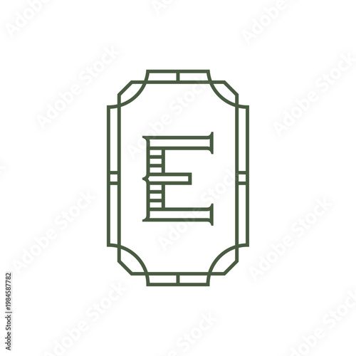 Elegant letter E monogram framed by a refined vintage border in clean line style. Combines classic typography with modern minimalism—ideal for luxury branding, fashion, and premium identity design.