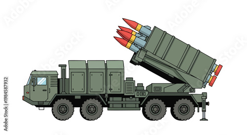 Powerful military transport truck with a mounted missile launcher featuring multiple ready-to-fire rockets illustration.
