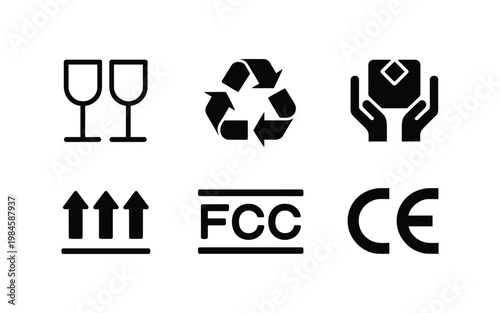 Fotografie Black packaging and certification icons set featuring fragile recycle handle with care arrows fcc and ce marks for box shipping