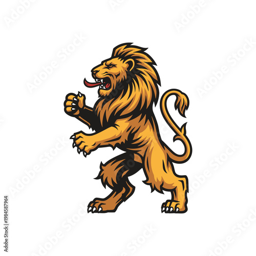 Stylized golden lion rampant illustration with open mouth and fierce expression