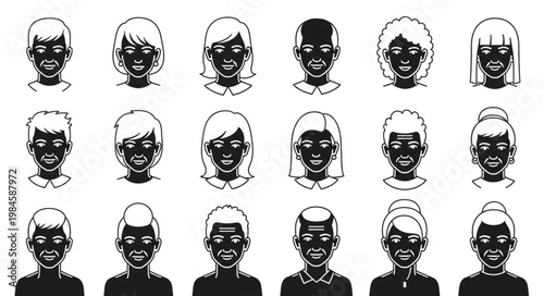 Diverse Group of Stylized Human Faces in Silhouette.
