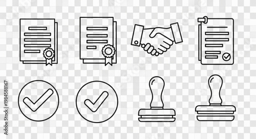 Business agreement icons set handshake document stamp and check mark.