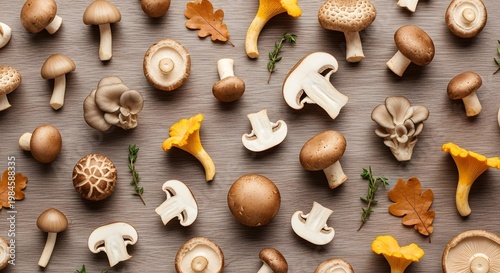Assortment of wild mushrooms and autumn leaves on a wooden surface
