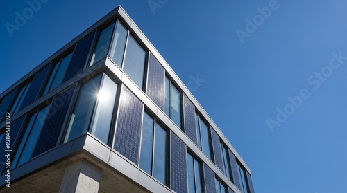 Modern office building with integrated solar panels on glass facade under clear blue sky.
