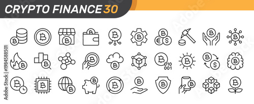 Crypto Finance thin line icon set. Cryptocurrency, Financial Technology, Fintech, Digital Payment, Bitcoin concept. Black outline vector icons collection.