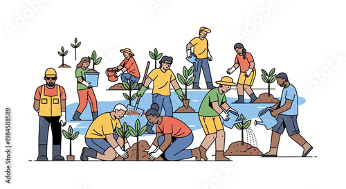 Group of Diverse Volunteers Planting Trees in Community Project