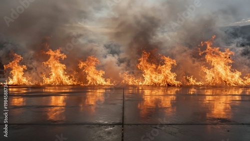 Fiery flames engulf an empty concrete surface, casting bright reflections and billowing smoke into the air.