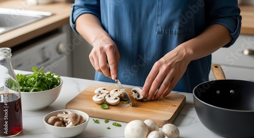 Preparing a meal chopping mushrooms on a wooden cutting board in kitchen