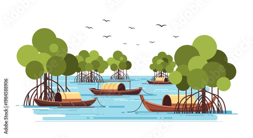 Traditional wooden boats among mangroves in serene water landscape