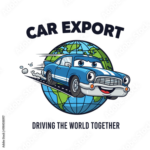 Smiling blue cartoon car driving fast around a world globe with export text