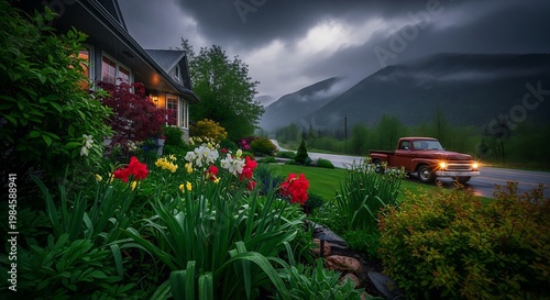 A charming home with colorful flowers lines a lush lawn. An antique truck drives past a mountain road under a cloudy sky