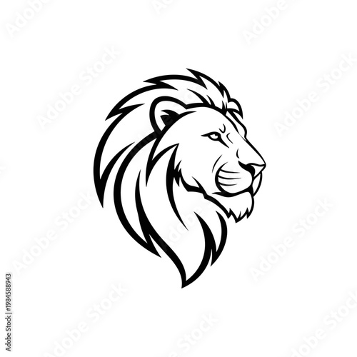 Stylized black and white lion head illustration in profile view