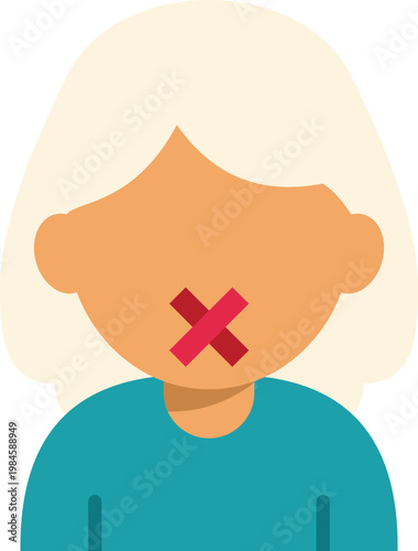 Minimalist graphic of a person with a red cross over their mouth representing silence and censorship