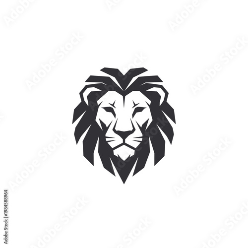 Stylized black and white lion head illustration with geometric features and a bold mane