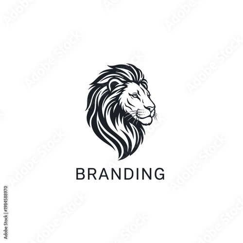 Stylized black and white lion head illustration with flowing mane and branding text