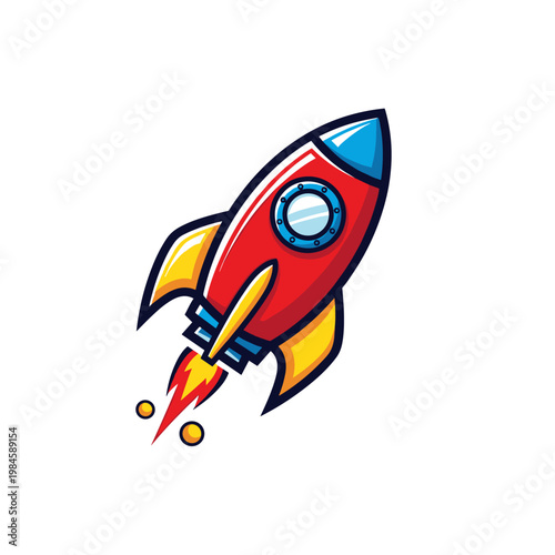 Red cartoon rocket launching upwards with flames and porthole