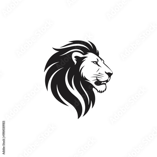 Stylized black and white lion head in profile with flowing mane