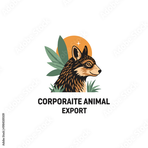 Stylized fox or wolf head logo design with plants and sun