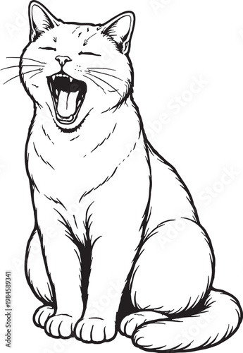 Chartreux cat yawning line art black and white vector isolated tired feline illustration