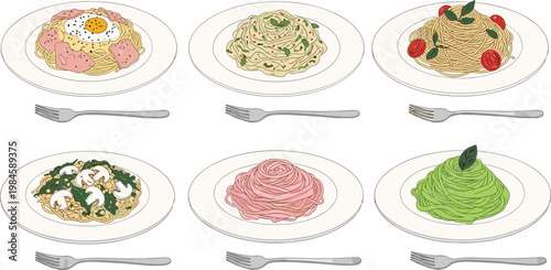 Pasta Dish Collection with Carbonara Pesto Tomato Cream and Seafood Spaghetti Plates Italian Cuisine Food Vector Illustration Set