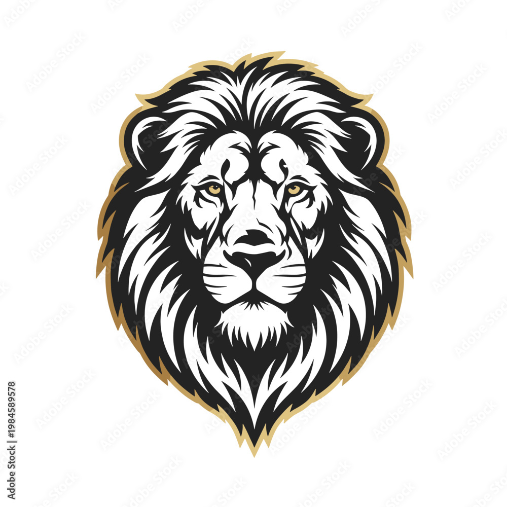 Fototapeta premium Stylized lion head facing forward with a majestic golden mane outline