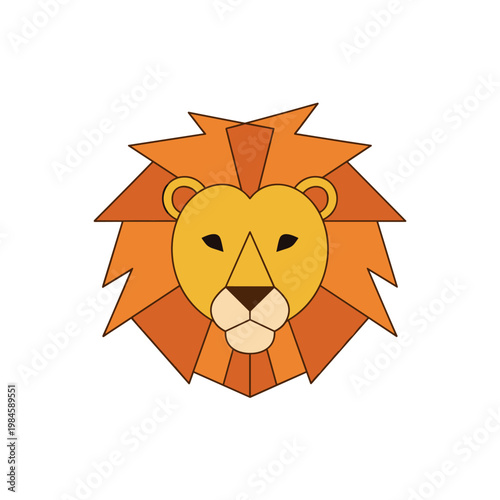 Stylized geometric lion head with orange mane in flat design on white background