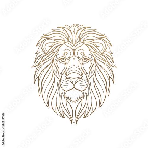 Stylized golden line art illustration of a majestic lion head with intricate mane