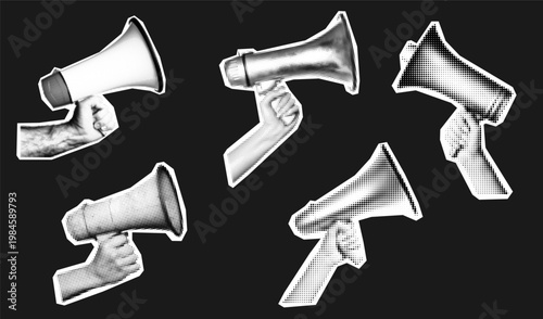Halftone retro vintage with megaphone collage hand for loudspeaker vector pop. Voice poster art with news paper banner for media contemporary speaker. Modern design halftone with creative.
