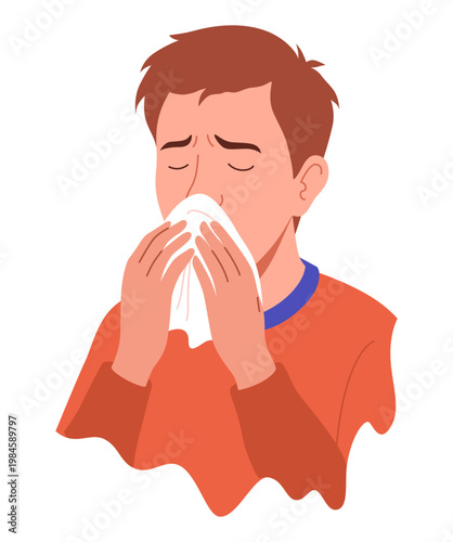 Flu symptom. Man showing cold symptom. Runny nose illness. Vector flu prevention poster
