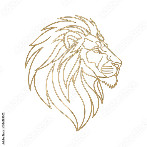 Stylized golden line art lion head in profile on white background