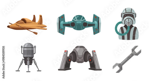 Collection of Star Wars Starfighters and Droid Robots in Science Fiction Style