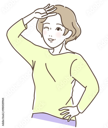頭上に手をかざして強い日差しを遮る笑顔のシニア女性 / Vector illustration of a smiling senior woman shielding her eyes from the sun with her hand
