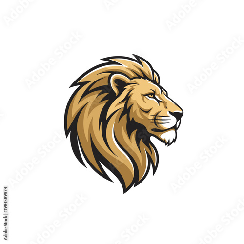 Stylized golden lion head in profile on a white background