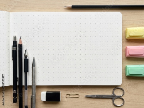 Open grid notebook with stationery tools and pastel sticky tabs on desk.