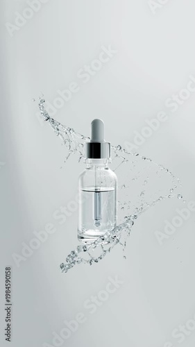 Dynamic splash of clear liquid flowing around a cosmetic dropper bottle in slow motion. Minimalistic beauty scene highlighting purity, freshness and hydration. 3d animation