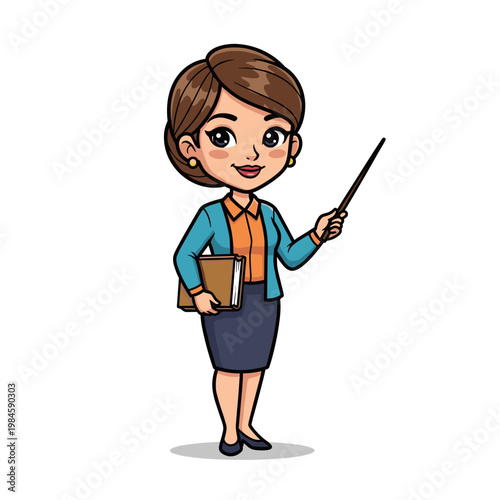 Smiling cartoon female teacher holding books and a pointer stick