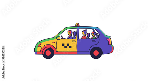 Colorful Taxi Cab with Passengers Vector Illustration, Modern Flat Style Graphic for Urban Transportation and City Travel Concepts