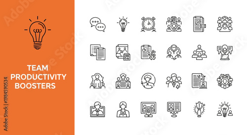 Team productivity boosters and business management line icon set
