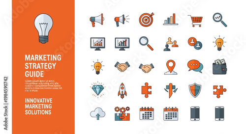 Marketing strategy guide with innovative business concept icons set.