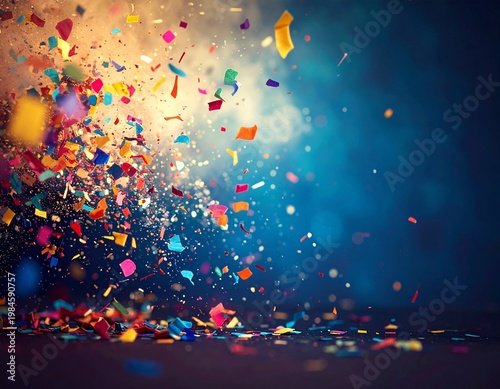 Colorful Confetti Explosion Over Blurred dark blue Background for Party Celebration and Festive Events