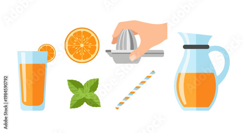 Fresh Orange Juice with Mint and Straw in Glass and Pitcher