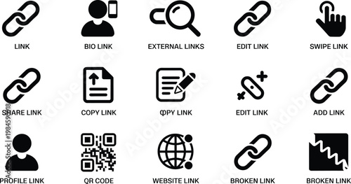Link icons bio external website QR edit share add remove save vector illustration depicting online sharing editing saving and digital network interaction elements