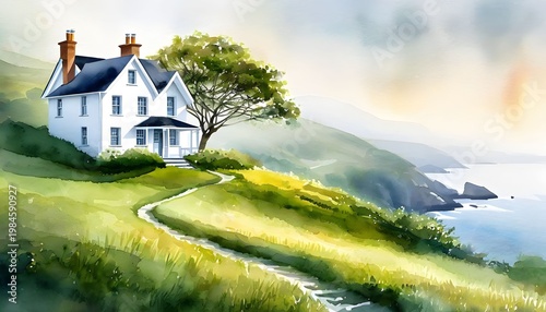 Serene Watercolor House by the Sea with Lush Green Landscape