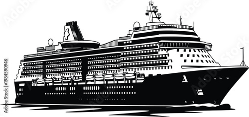 Bold Black Luxury Cruise Ship Silhouette Floating on Water, Grand Ocean Liner Passenger Vessel Isolated on White