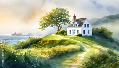 Serene white house on a green hill by the sea