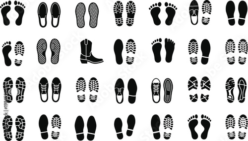 25 Human Footprint and Shoe Sole Pictograms Minimalist Grid Graphics
