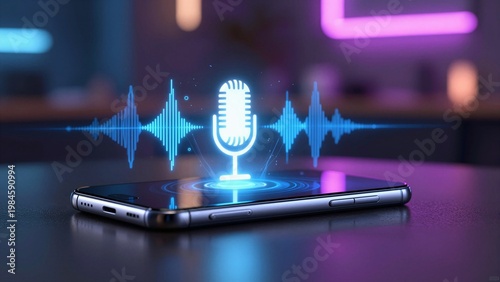A modern smartphone on a dark surface with a glowing blue holographic microphone and sound waves, representing voice recognition technology.