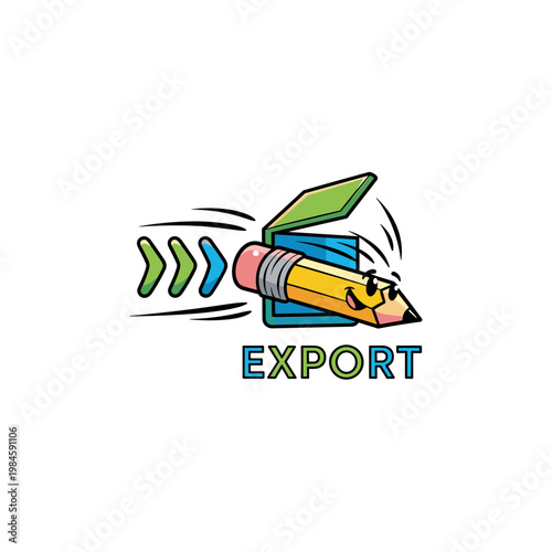 Smiling cartoon pencil exporting from an open book icon with directional arrows